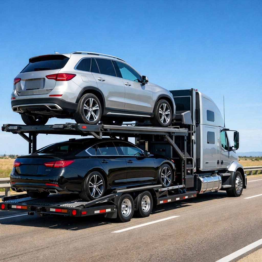 Car carrier with SUVs and sedan