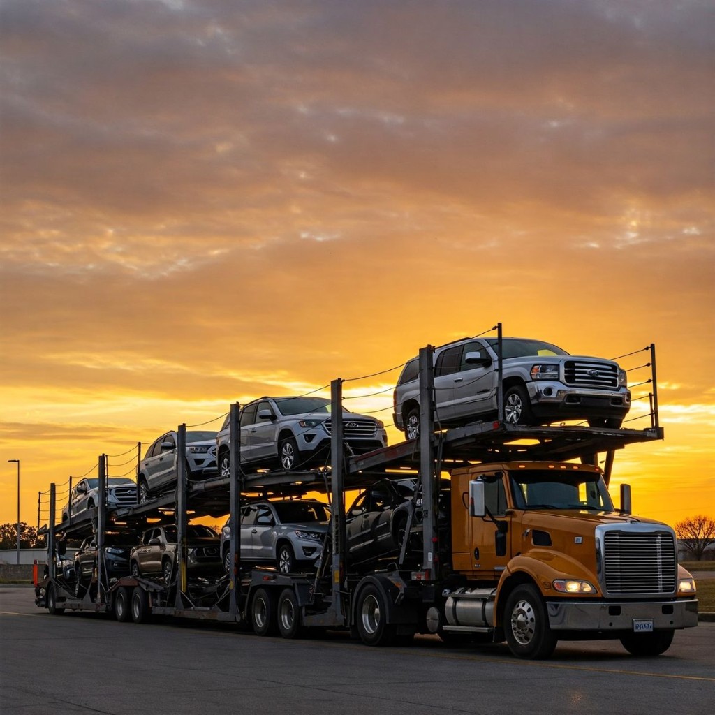 Loaded car carrier at sunset